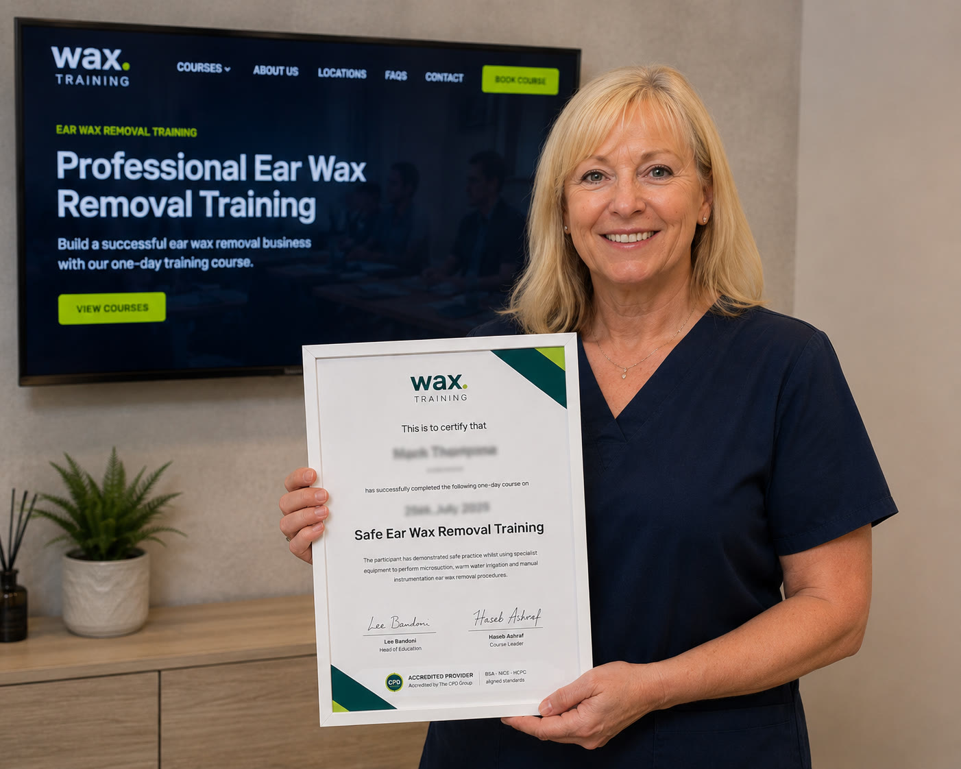 Elaine, 44, Registered Nurse, after completing the wax. ear wax removal course