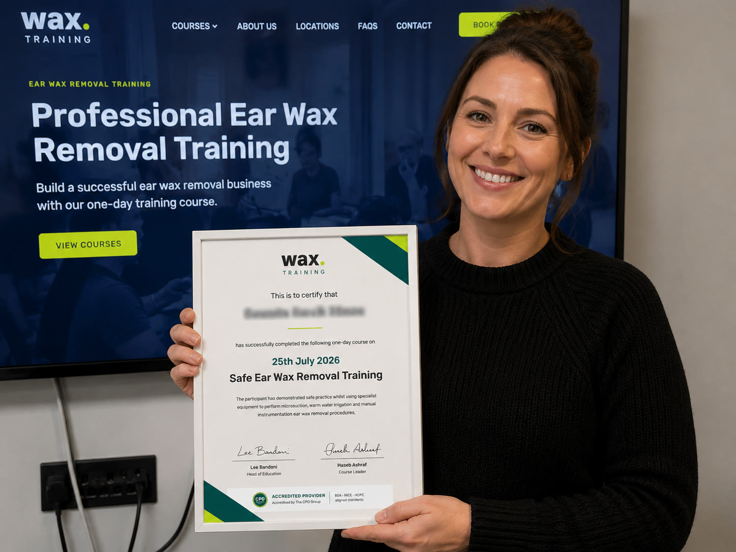 Joanne, 48, Healthcare Assistant, after completing the wax. ear wax removal course