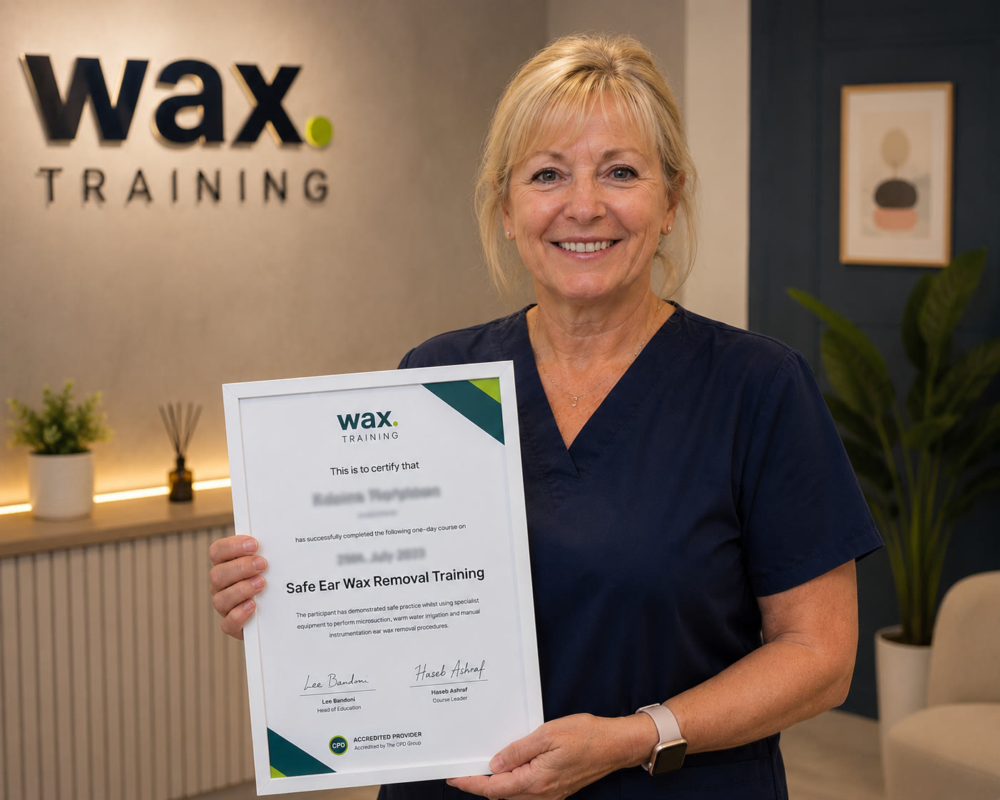 Louise, 58, Registered Nurse, after completing the wax. ear wax removal course