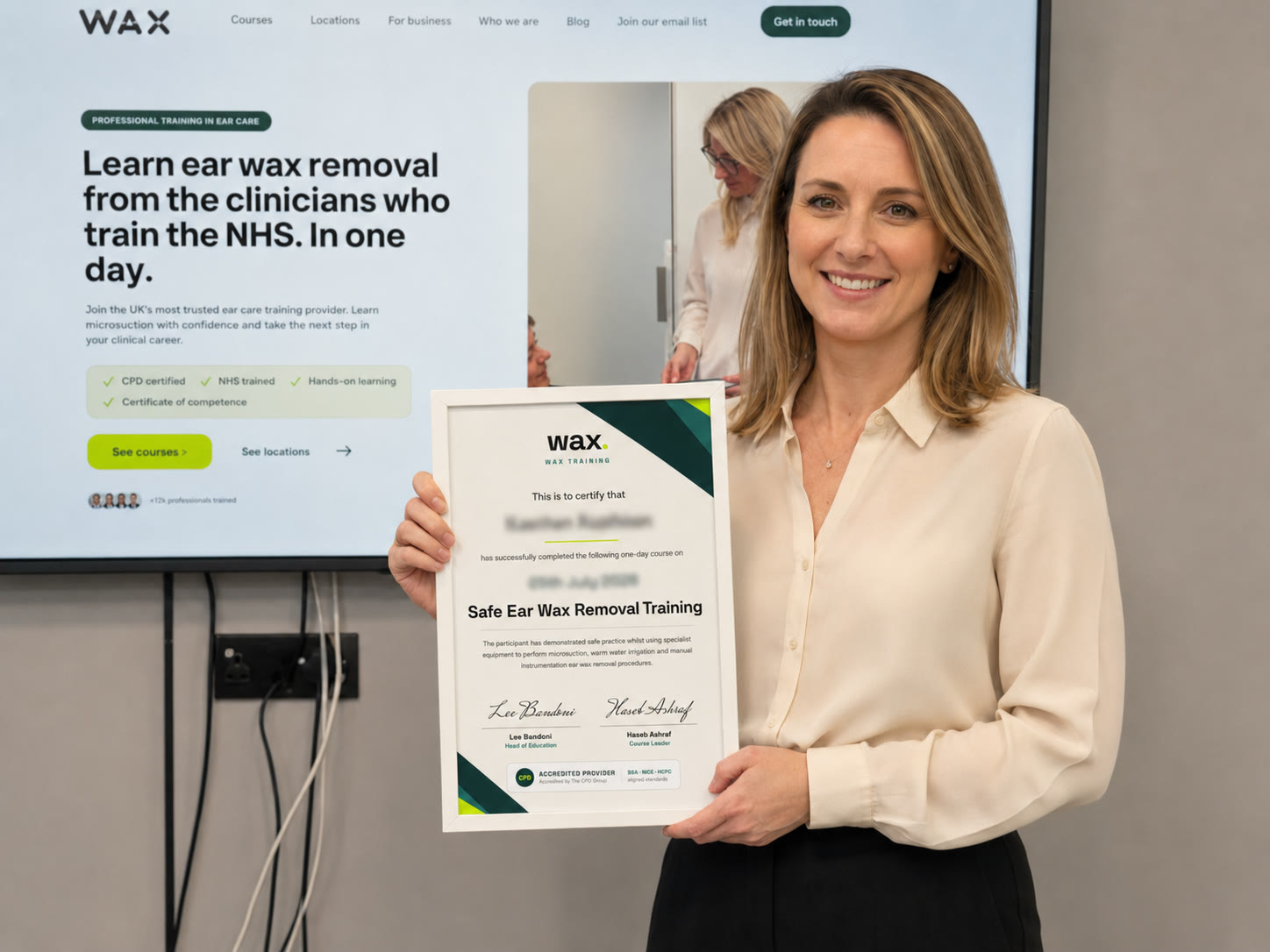 Sarah, 42, Registered Nurse, after completing the wax. ear wax removal course