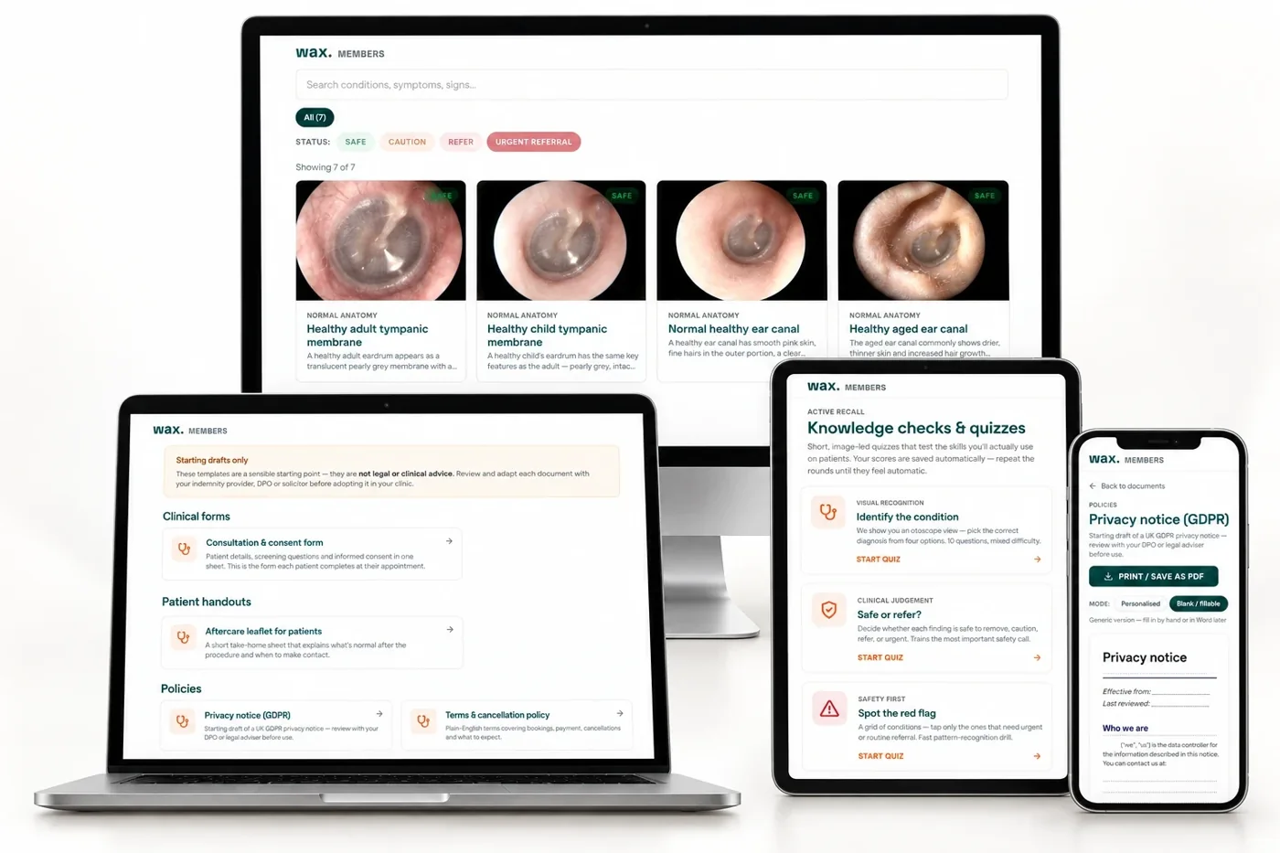 The wax members area on desktop, laptop, tablet and phone: conditions library, clinic documents and knowledge quizzes